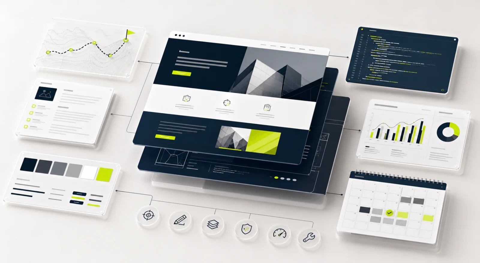 Componentes de estrategia, contenido, diseño, desarrollo, analítica y mantenimiento de una web profesional