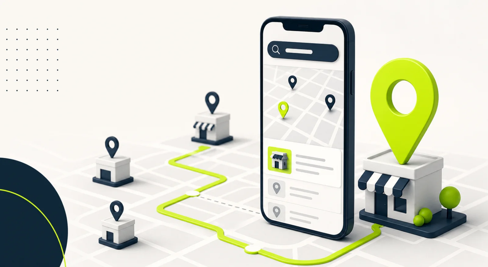 Búsqueda local en un móvil que conecta a un cliente con comercios cercanos mediante un mapa