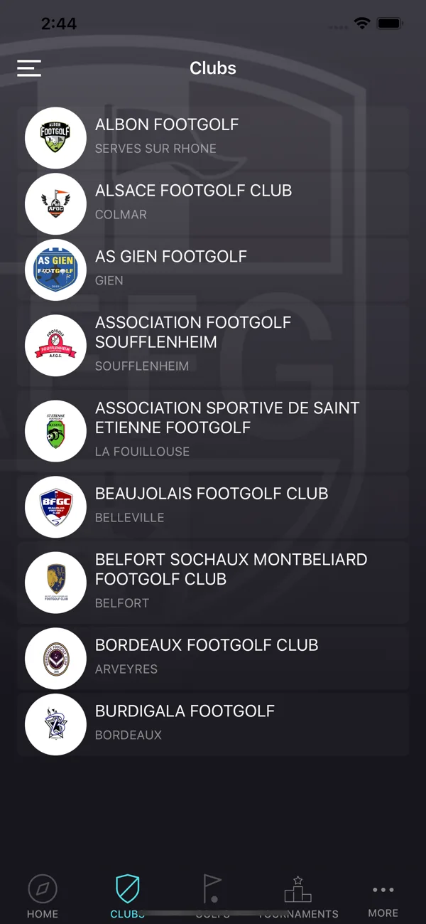 Clubes en la aplicación AFFG